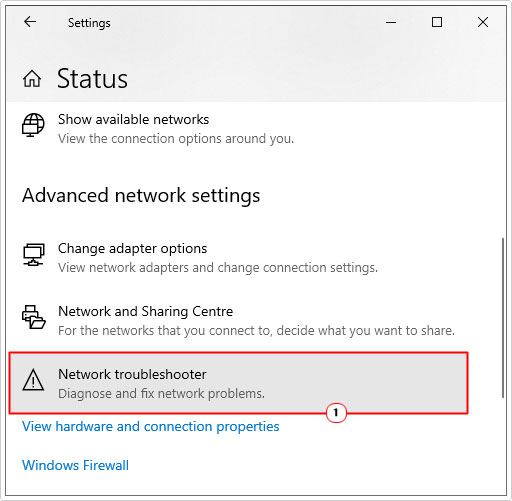 click on Network troubleshooter in status