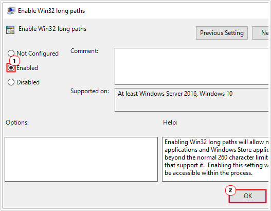 enable Win32 long paths and click on OK