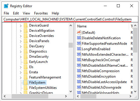 go to CurrentControlSet\Control\FileSystem in registry editor