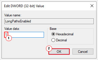 set value data to 1 for LongPathsEnabled