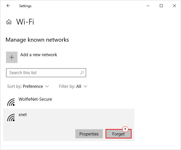 click on forget in Manage known networks for wi-fi network