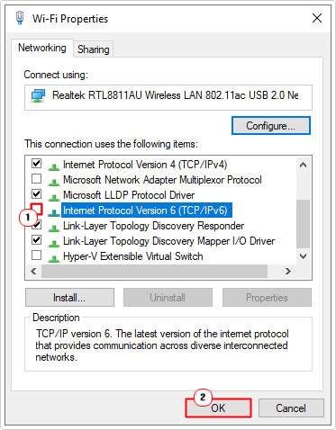 disable Internet Protocol Version 6 in wi-fi properties