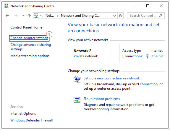 click on Change adapter settings in network and sharing centre